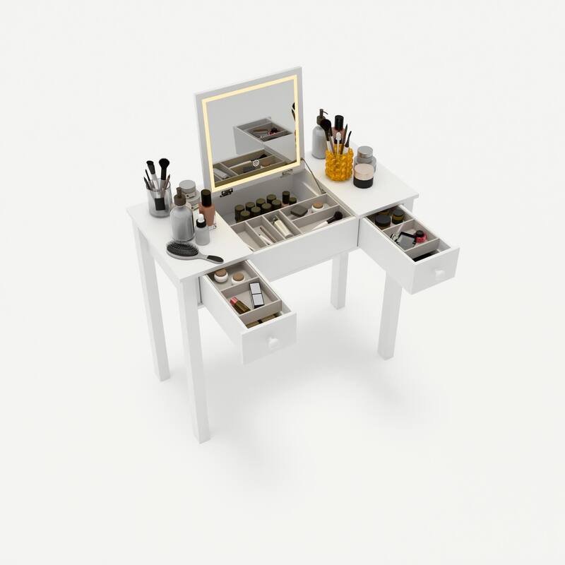 Sleek Vanity Table with LED Lights, Flip-Top Mirror and 2 Drawers, Jewelry Storage for Women Dressing