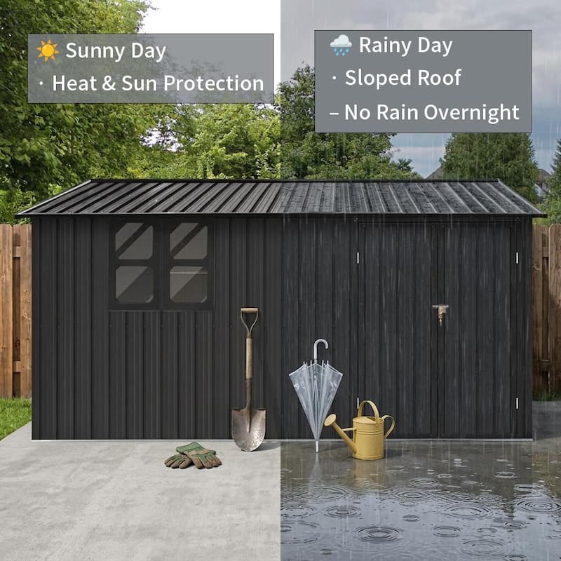 12x10 ft Metal garden sheds outdoor storage sheds black with window with Goods Shelves