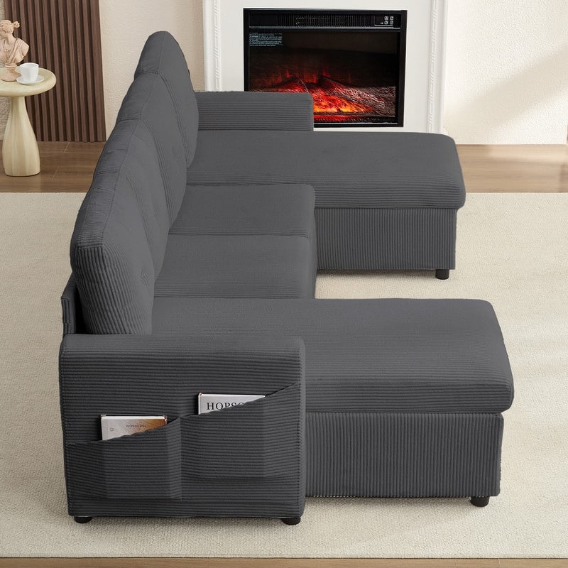 W103" Corduroy 4-Seater Modular Sleeper Sofa Bed with Storage Chaise,U-shaped Sofa with Pull-out Bed