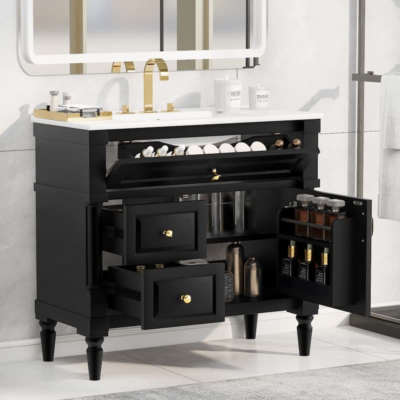 36" Bathroom Vanity with Sink, Freestanding Bathroom Cabinet with Ceramic Basin, Flip Drawer, Adjustable Shelf - Black