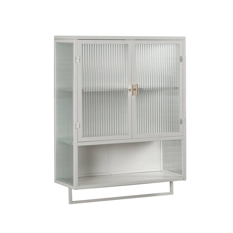 23.62" Glass Doors Modern 2-door Wall Cabinet with 2-tier Enclosed Storage, 1 Open Shelf, and Towel Rack