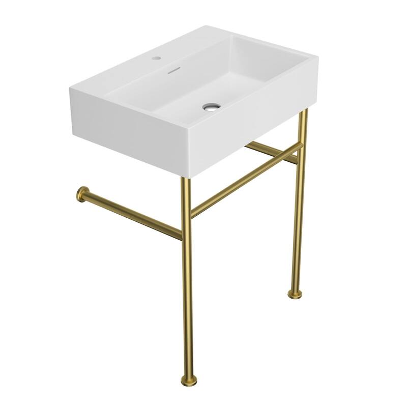 Lordear 24/30 in Ceramic White Single Bowl Console Sink Basin and Black/Gold Legs Combo with Overflow
