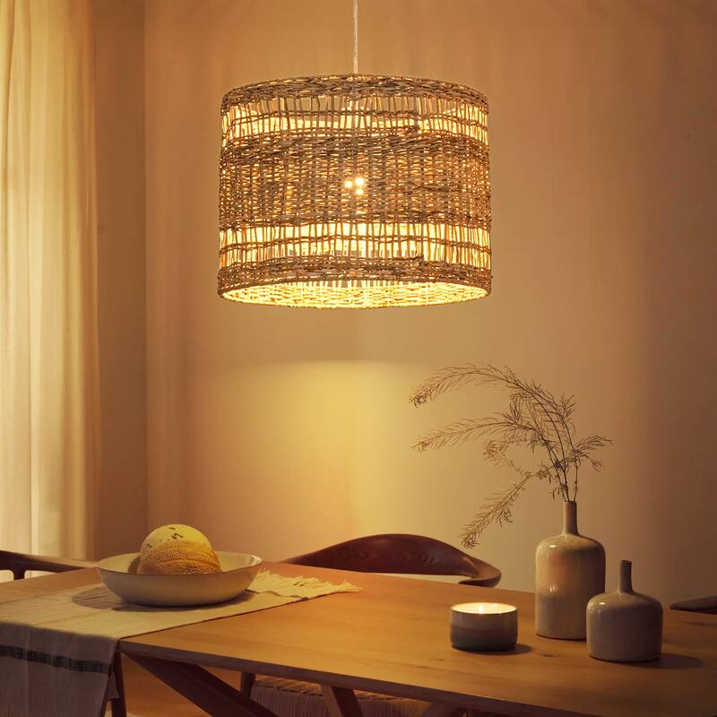1-Light Boho Coastal Cylindrical Drum Woven Pendant Light with Matte White Finish and Herbaceous Rattan Shade