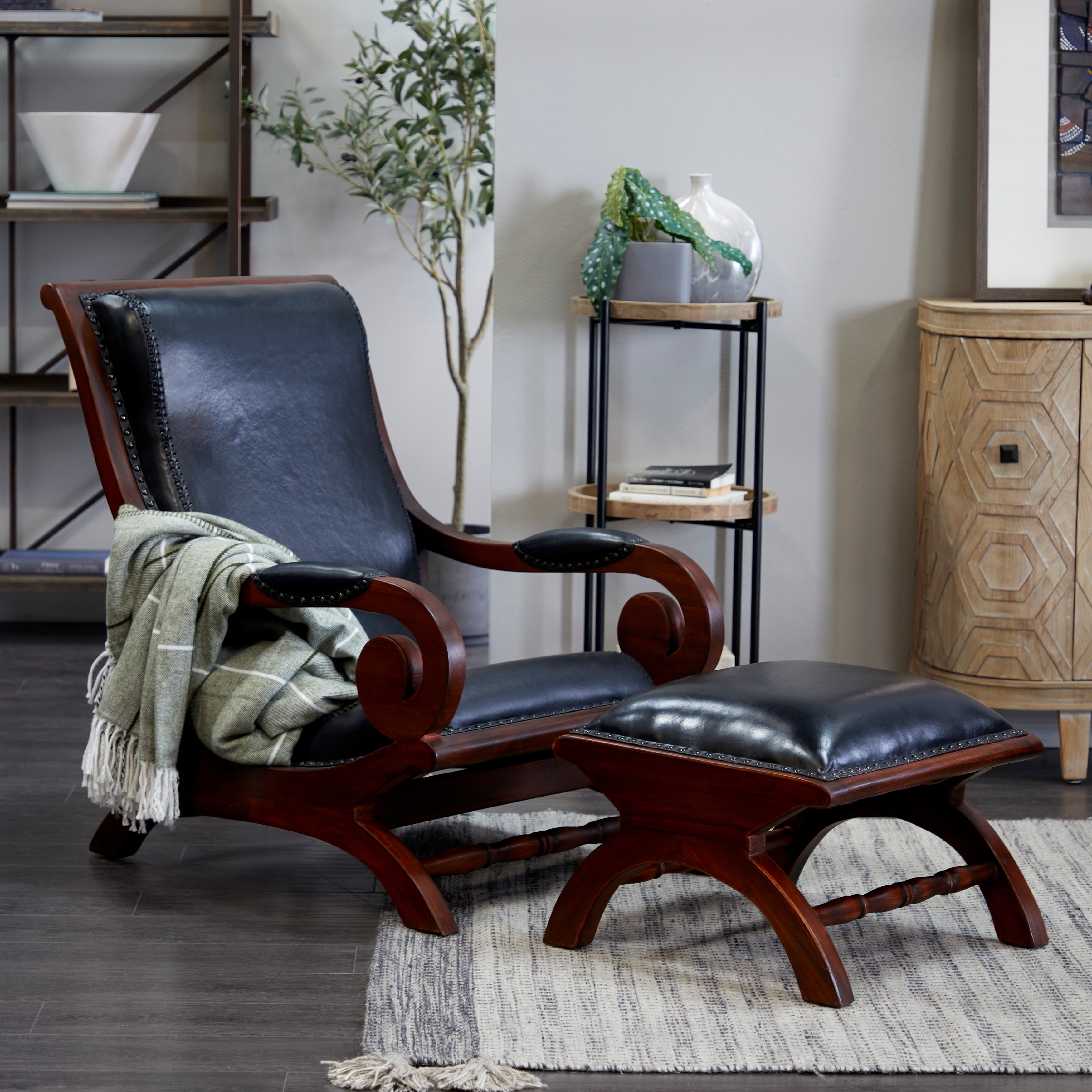 Studio 350 teak wood & brown leather shop chair with ottoman set