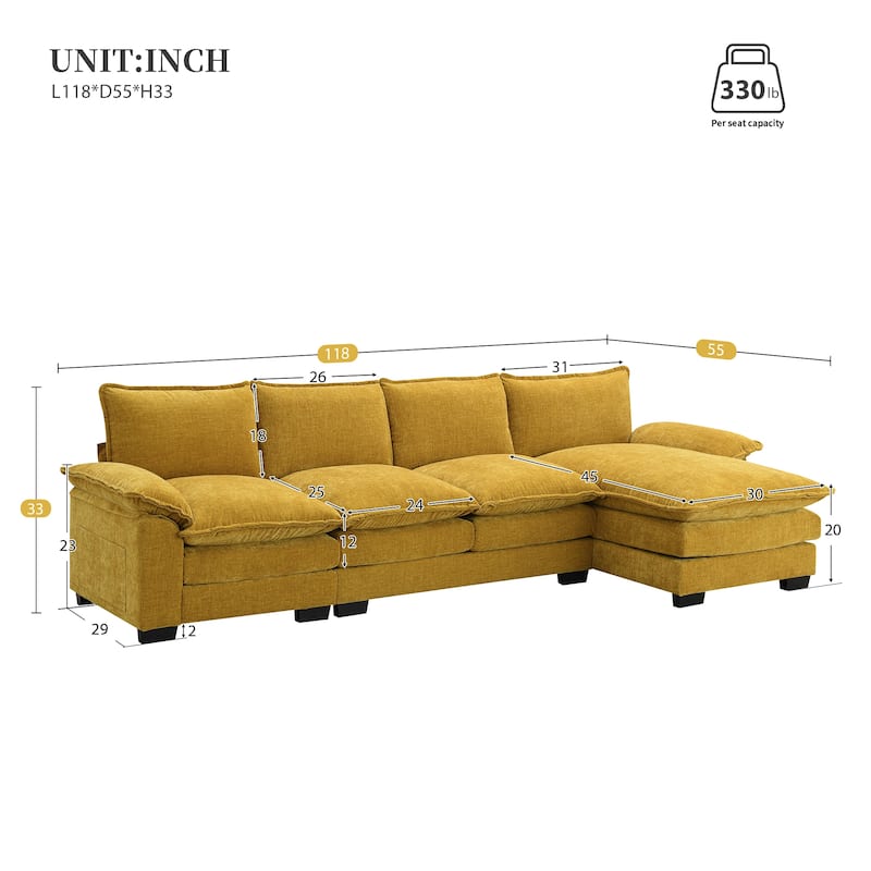 Chenille Upholstered Sectional Sofa with Chaise and Storage Pockets, 5 Seat Lounge Cloud Couch L-shaped Recliner Couches