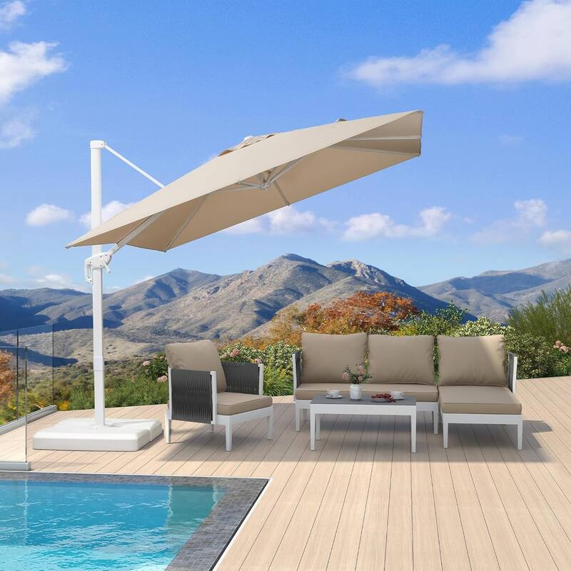 PURPLE LEAF 9 ft White Cantilever Patio Umbrella with 360 Degree Rotation With Base - Beige