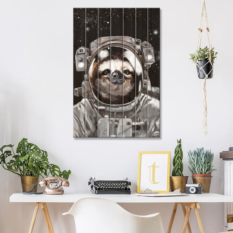 Astronaut Sloth Selfie Print On Wood by Big Nose Work - Multi-Color