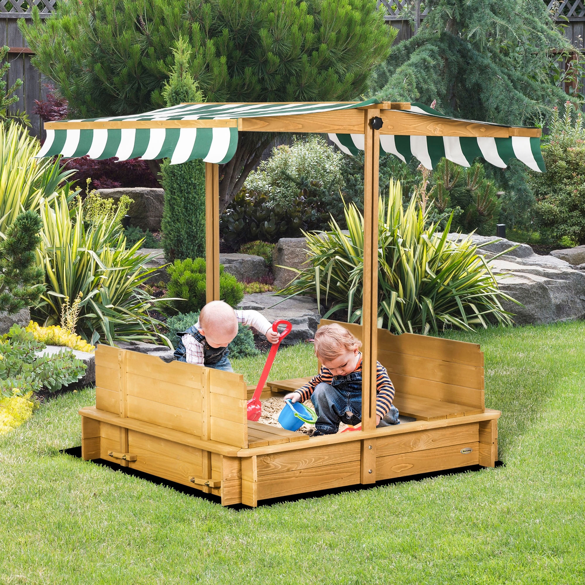 Wooden Kids Sandbox With Foldable Bench Seats And Adjustable Canopy For Outdoor