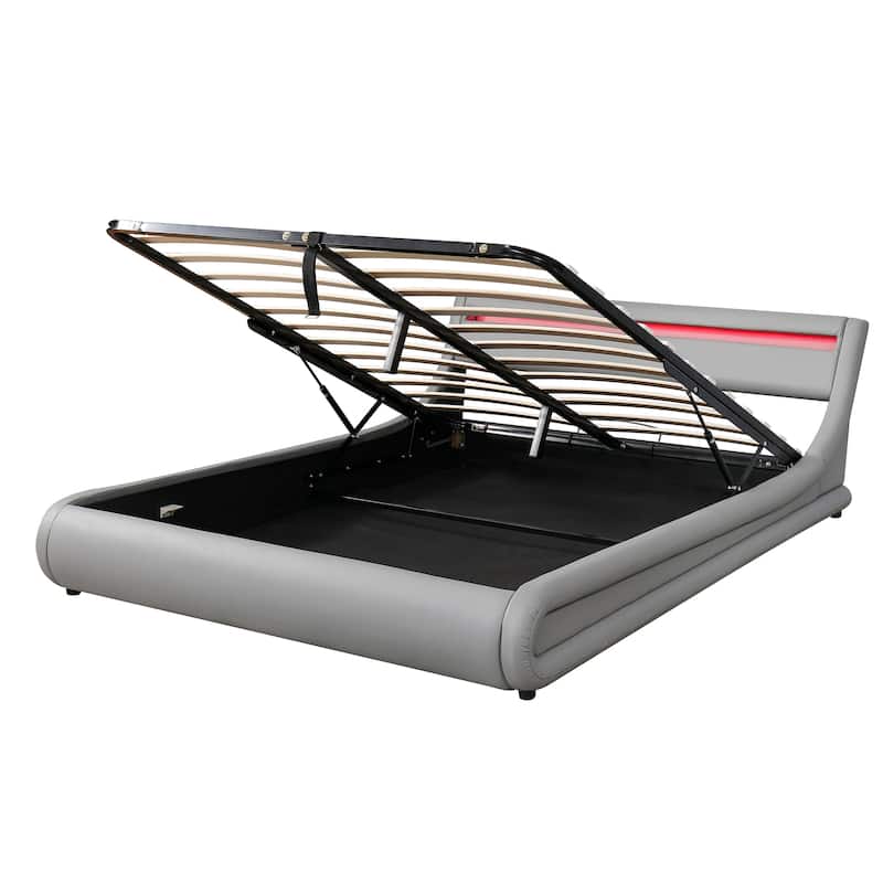 Queen Size Storage Bed Sleigh Bed Platform Bed with Hydraulic Storage System and LED Headboard Sleigh Design Low Profile Bed