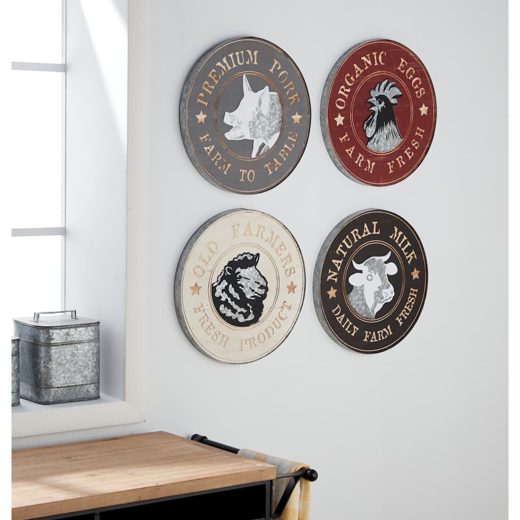 Farmhouse Wood and Metal Round Wall Art Set of 4