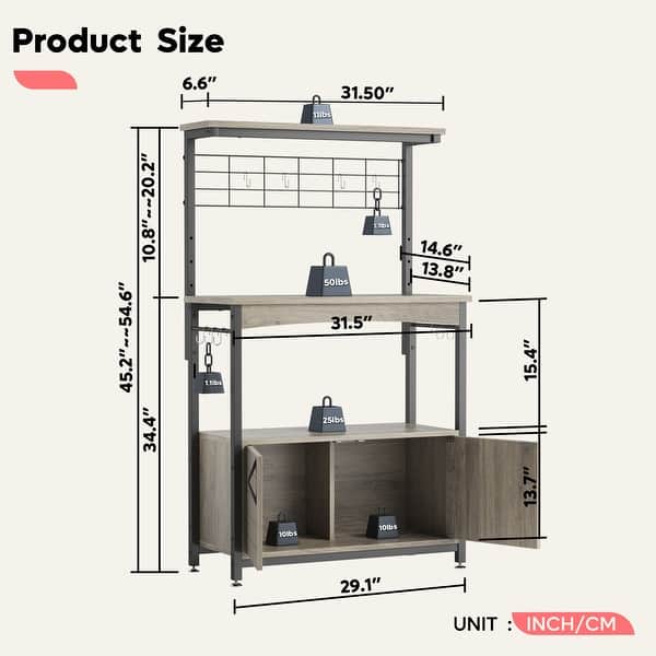 dimension image slide 2 of 3, 31.5" Microwave Stand with Storage Cabinet, Height-Adjustable Bakers Racks for Kitchen