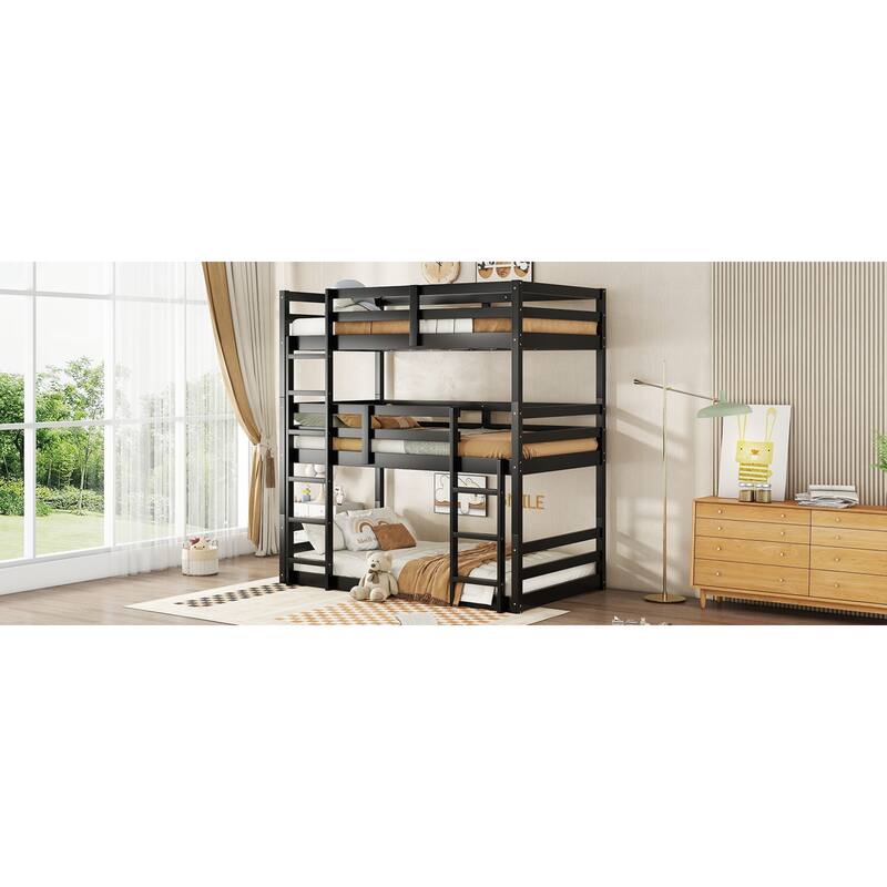 Roomfitters Triple Rubber Wood Bunk Bed, Detachable Twin over Twin over Twin with Ladders and Guardrails