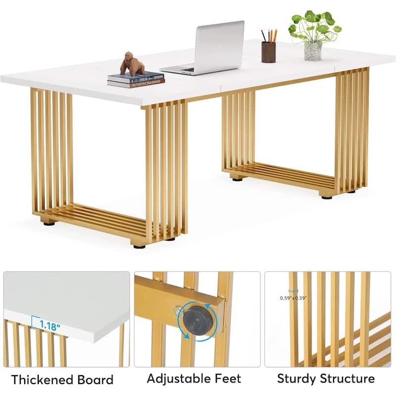 70.9"Modern Executive Desk, Large White Computer Desk with Gold Metal Legs, Wooden Office Desk for 6-8 People