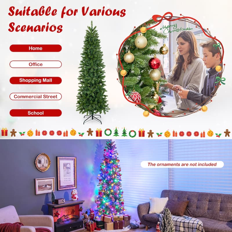 Gymax 6FT Hinged Pre-lit Christmas Slim Pencil Tree w/ 10 Lighting