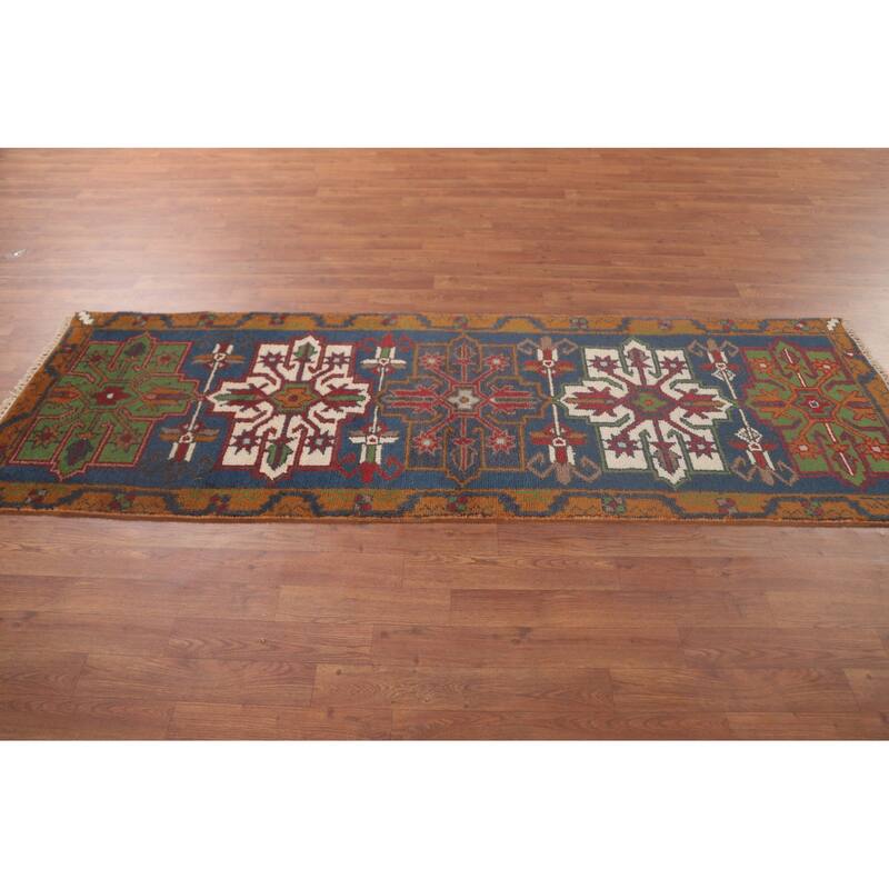 Blue Geometric Heriz Serapi Oriental Runner Rug Handmade Wool Carpet - 2'7"x 7'10"