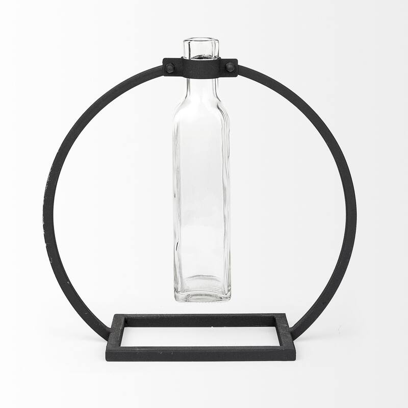 Modern Industrial Black Round Metal and Glass Vase