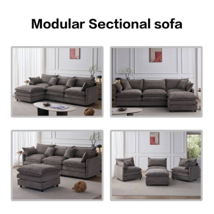 105" Modular Sectional Sofa with Ottoman, Upholstered Chenille Fabric 3-Seater