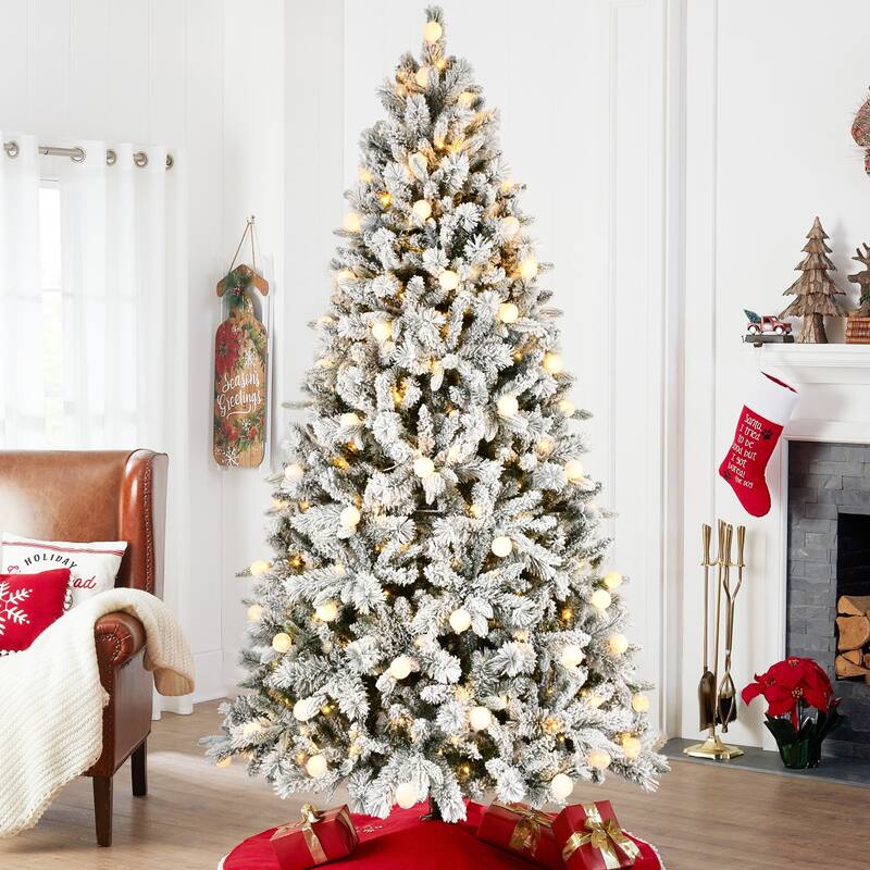 8ft Flocked Christmas Tree with 470L Colorful LED Lights with G45 ball,Memory Wire,10 Lighting Modes,Foot Switch