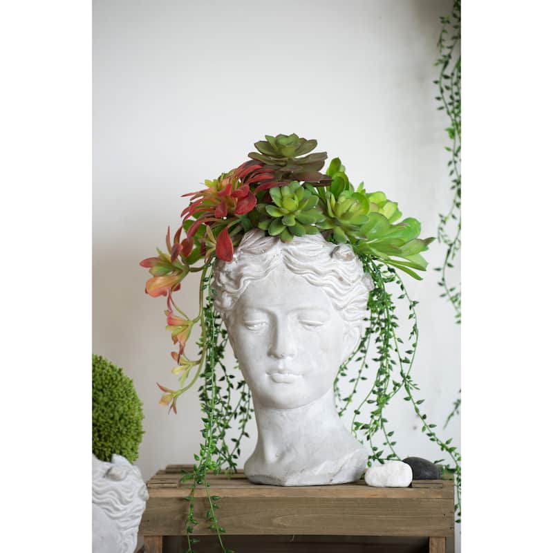 Greek Style Cement Head Planter - Indoor Outdoor Home Garden Decor, D7" x 11" - Gray