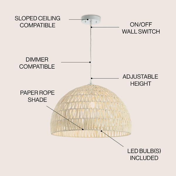 dimension image slide 2 of 19, Jigu 1-Light Woven Rattan/Iron LED Pendant, by JONATHAN Y