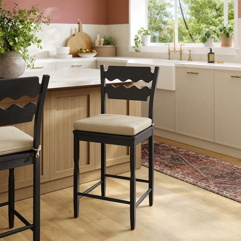 Jax Oak Wood Counter Stool With Wavy Razor Back and Cushion - Black Linen