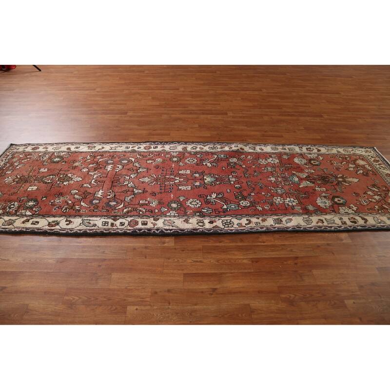 Hand Knotted Oriental 100% Wool Carpet Traditional Geometric Red Hamedan Runner Rug - 10' 2'' X 3' 2''
