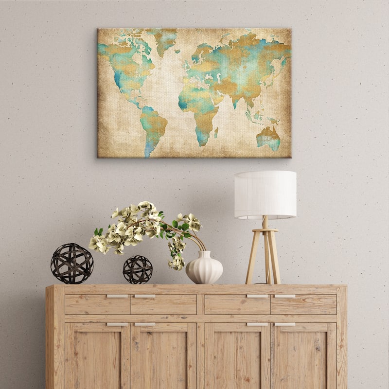 Golden World Map by Willowbrook Fine Art Canvas Art Print