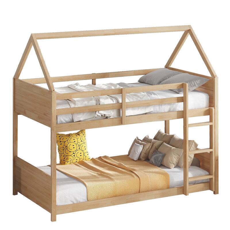 Twin Over Twin House Floor Bunk Bed with Headboards, Footboards, Guardrails, and Ladder in White Oak