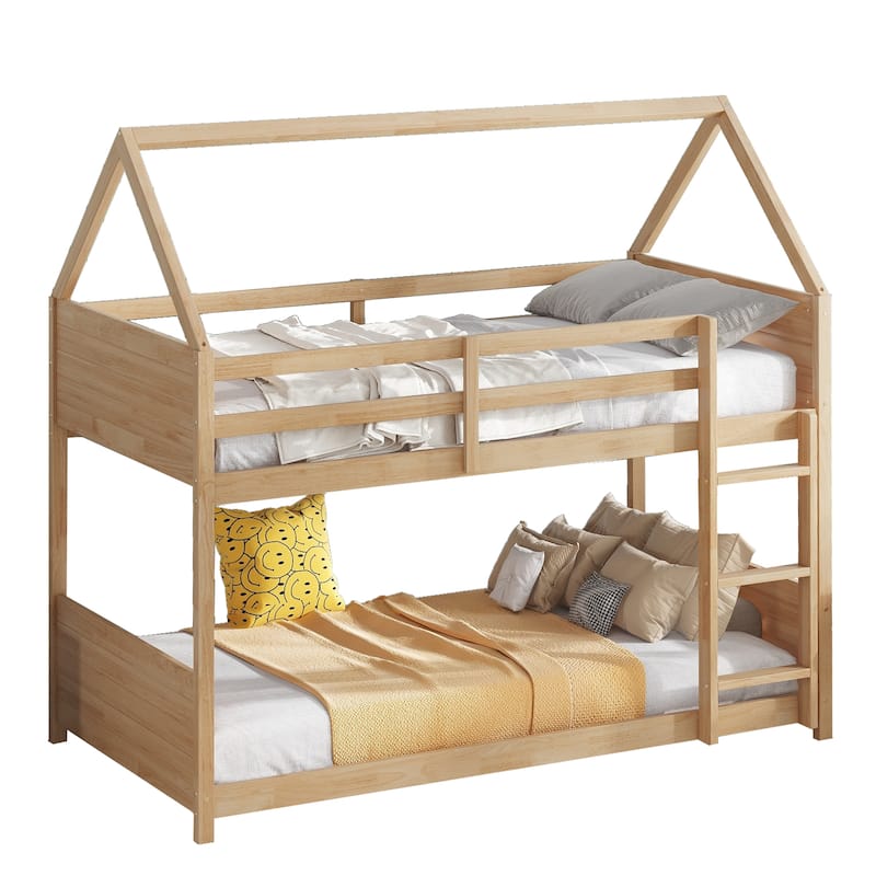 Twin over Twin Floor Bunk Bed,Rubber Wood House Shaped Bunk Bedframe
