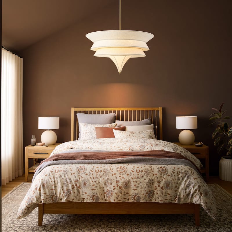 5-Light Mid-Century Modern Brass Chandelier for Dining Room&Living Room - Four-Layer Textured Fabric Shade - 5 Light