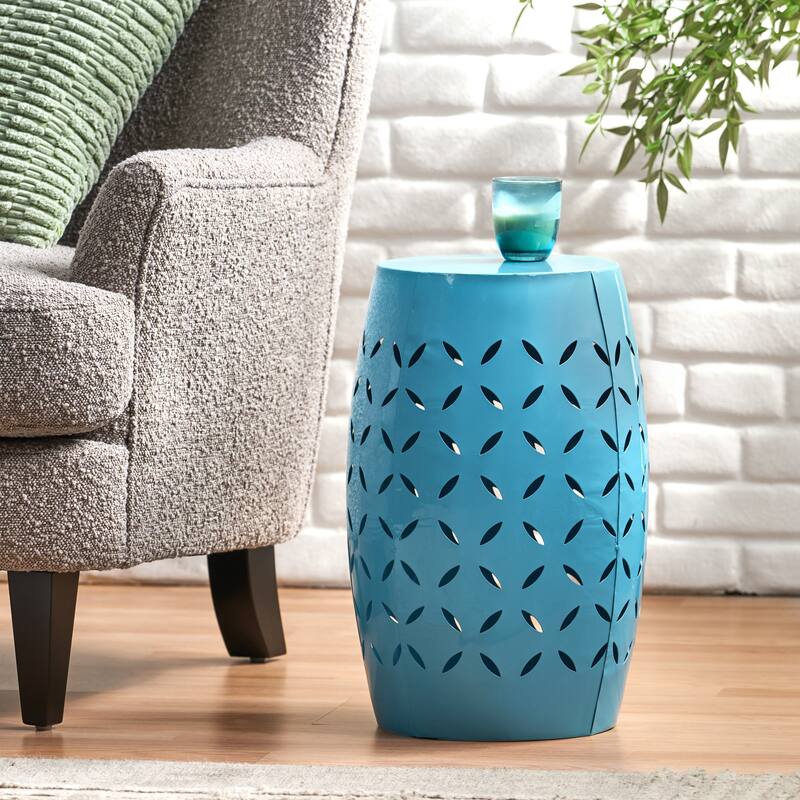 12.25" Modern Round Side Table with Barrel Structure and Iron-cut Design for Living Room or Bedroom