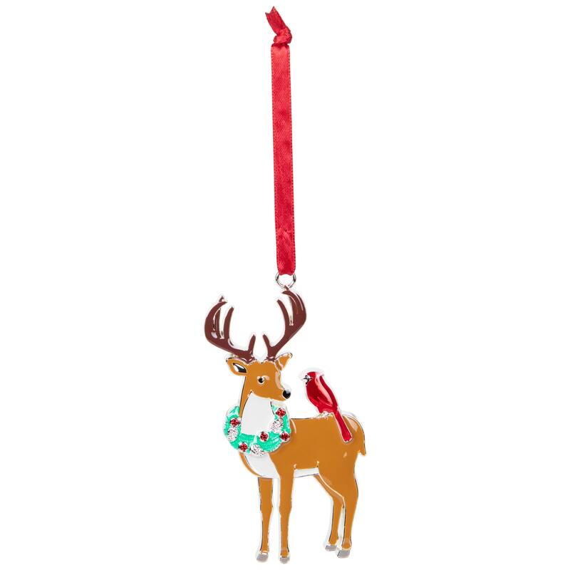Reindeer with Cardinal and Wreath Christmas Ornament - 4"