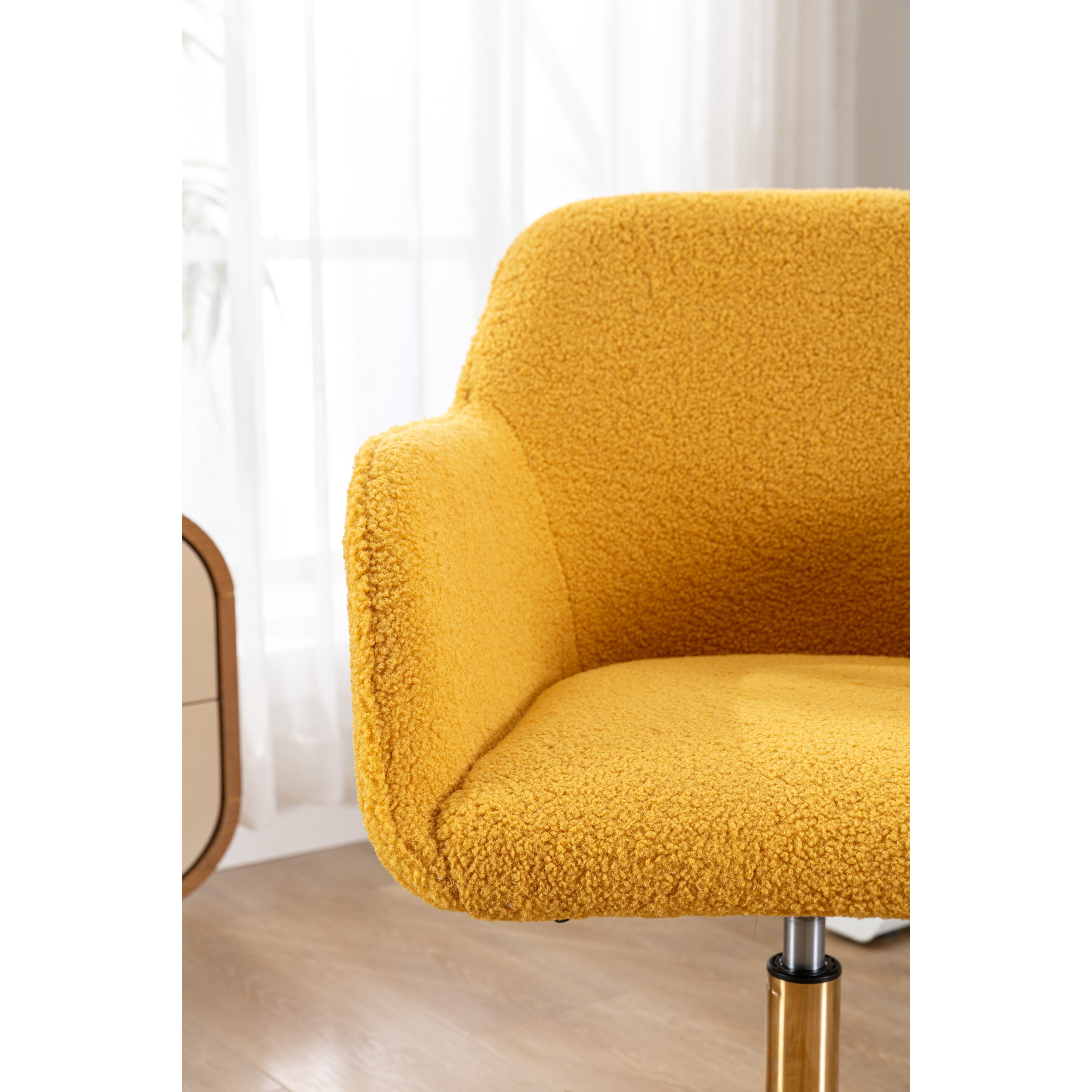 Modern Velvet Fabric Office Chair, Height Adjustable 360 Swivel with Gold Metal Legs and Wheels, Yellow
