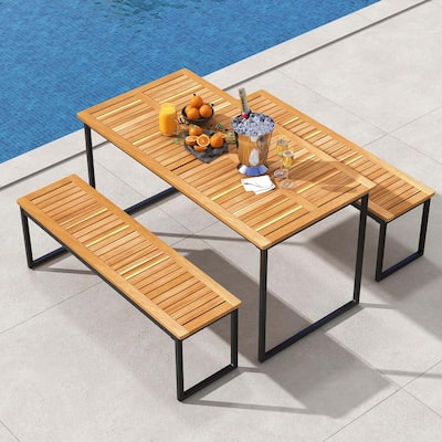 3PCS Outdoor Dining Set w/Acacia Wood Tabletop Dining Furniture