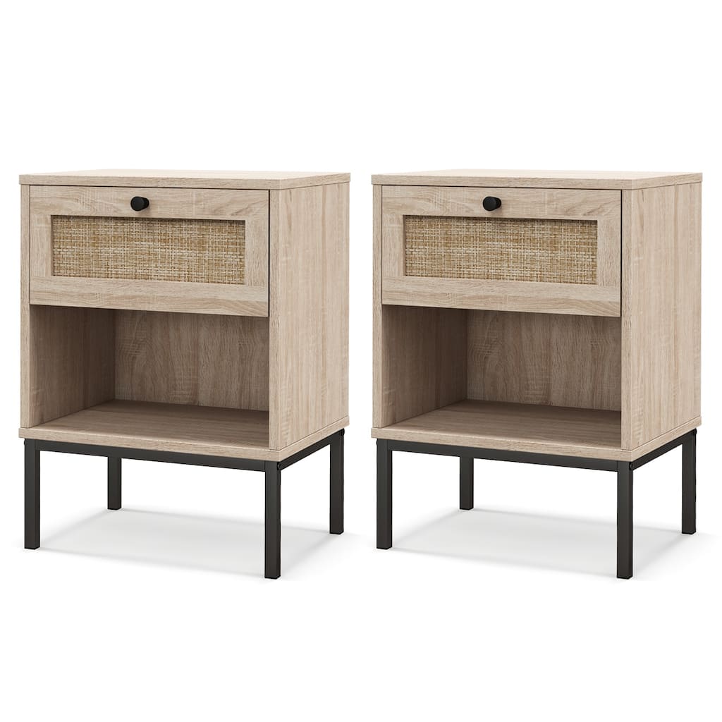 Set of 2 Rattan Nightstand End Table with Rattan Drawer and Open Shelf