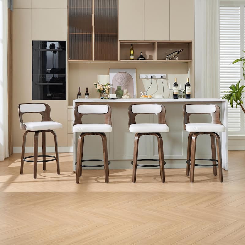 SEYNAR PU Leather 360 Degree Swivel Open Back Bar Stools Wood Legs Set of 4 - White
