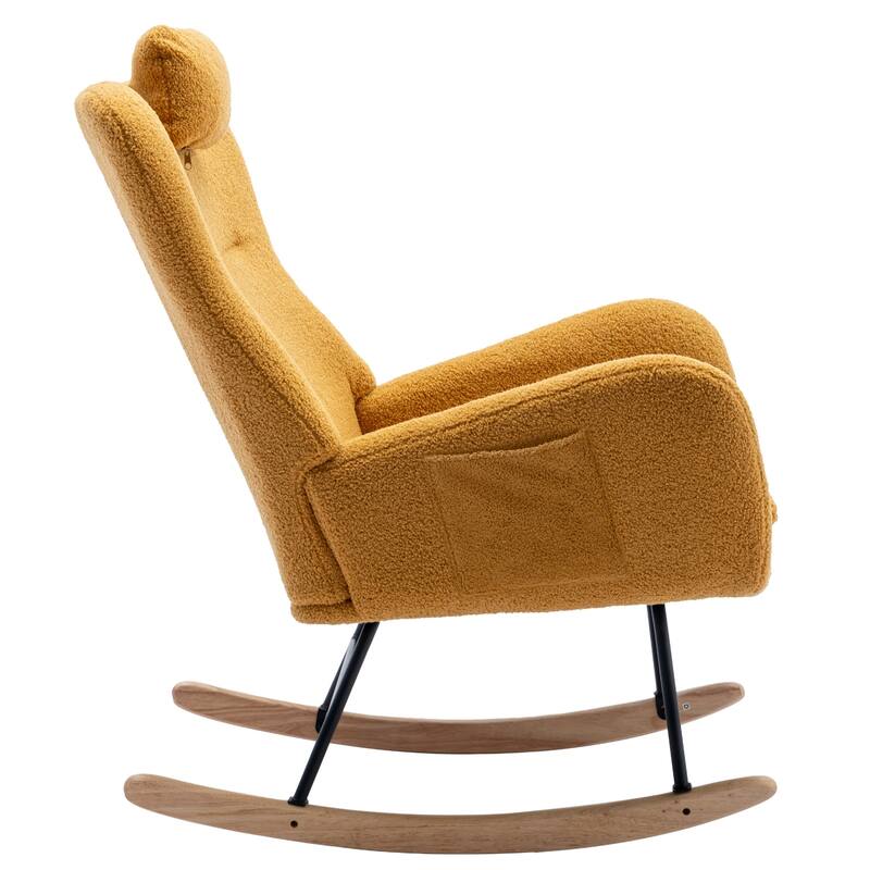 Teddy Fabric Wingback Rocking Chair for Nursery with Safe Solid Wood Base