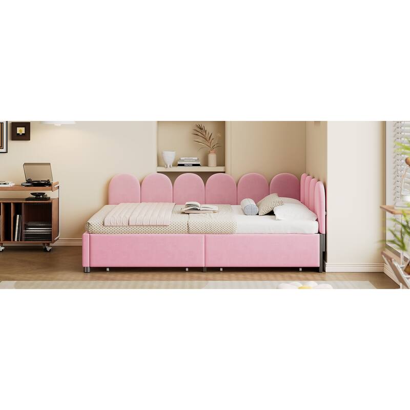 Velvet Upholstered Daybed with Two Drawers and Soft Headboard