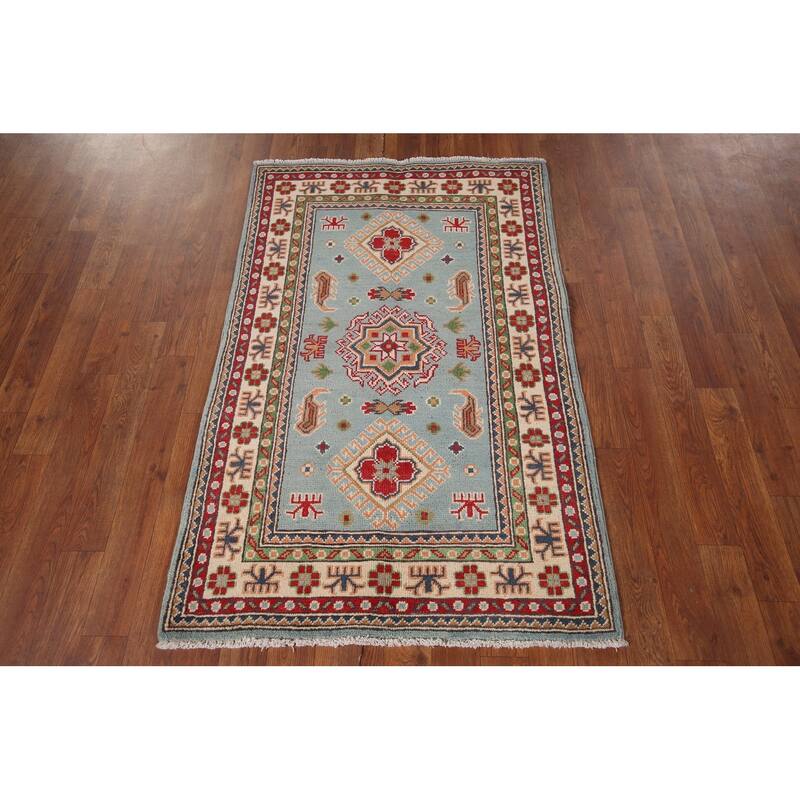 Light Blue Geometric Kazak Accent Rug Hand-Knotted Foyer Wool Carpet - 2'8" x 4'3"