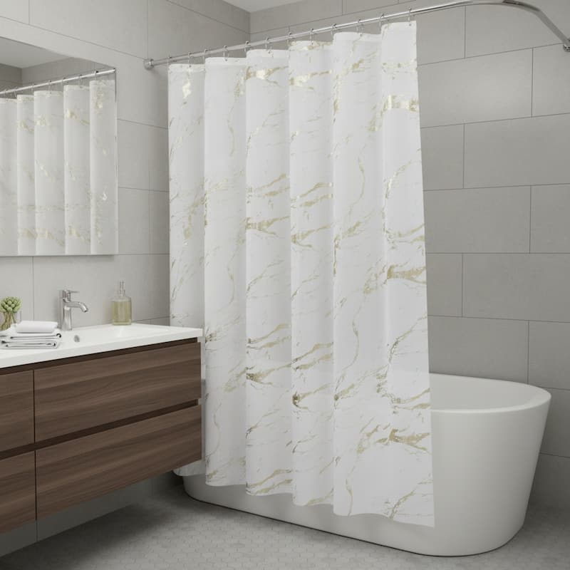 HomeRoots 72" White And Gold Abstract Shower Curtain - 70.00 in. x 72.00 in.  x 0.10 in.