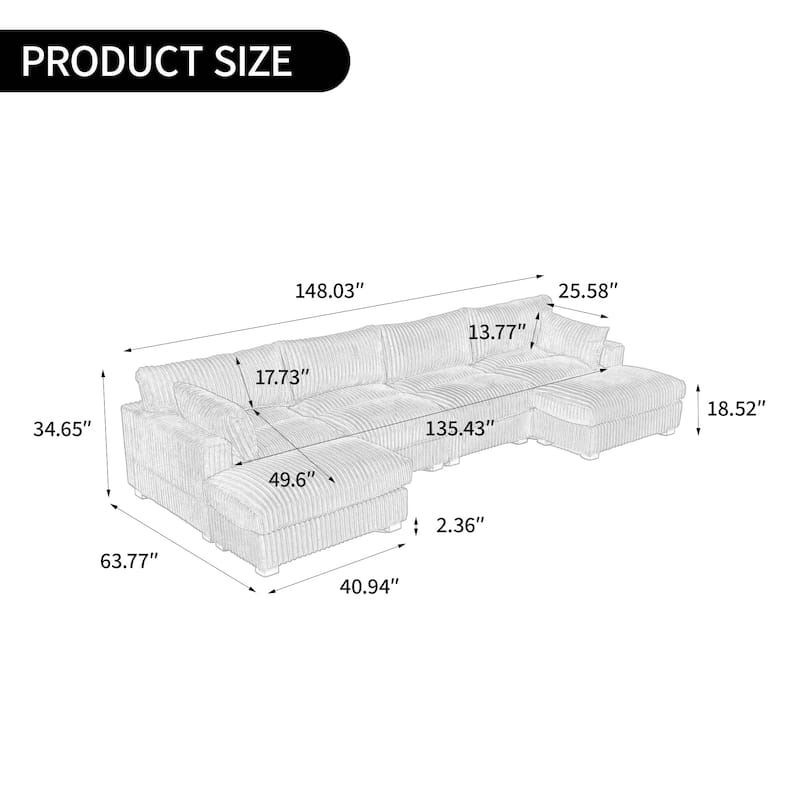 Modern Oversized Plush Corduroy Modular Sectional Sofa with 2 Ottomans