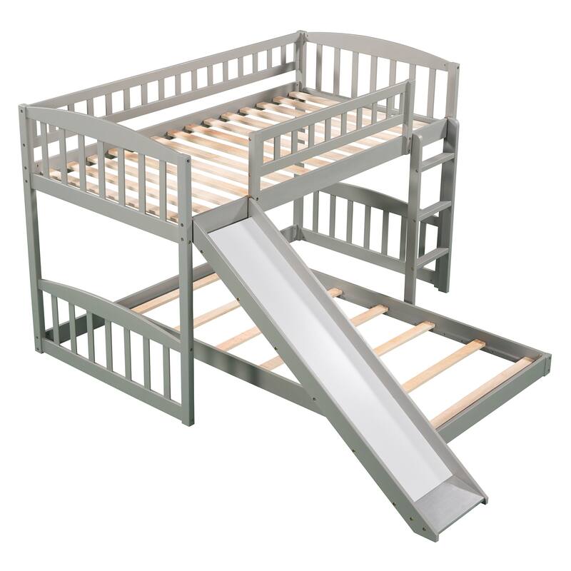 Twin Over Twin Bunk Bed Frame with Slide & Ladder, Solid Wood Low Bunkbeds w/Safety Guardrails, Noise Free, No Box Spring Needed