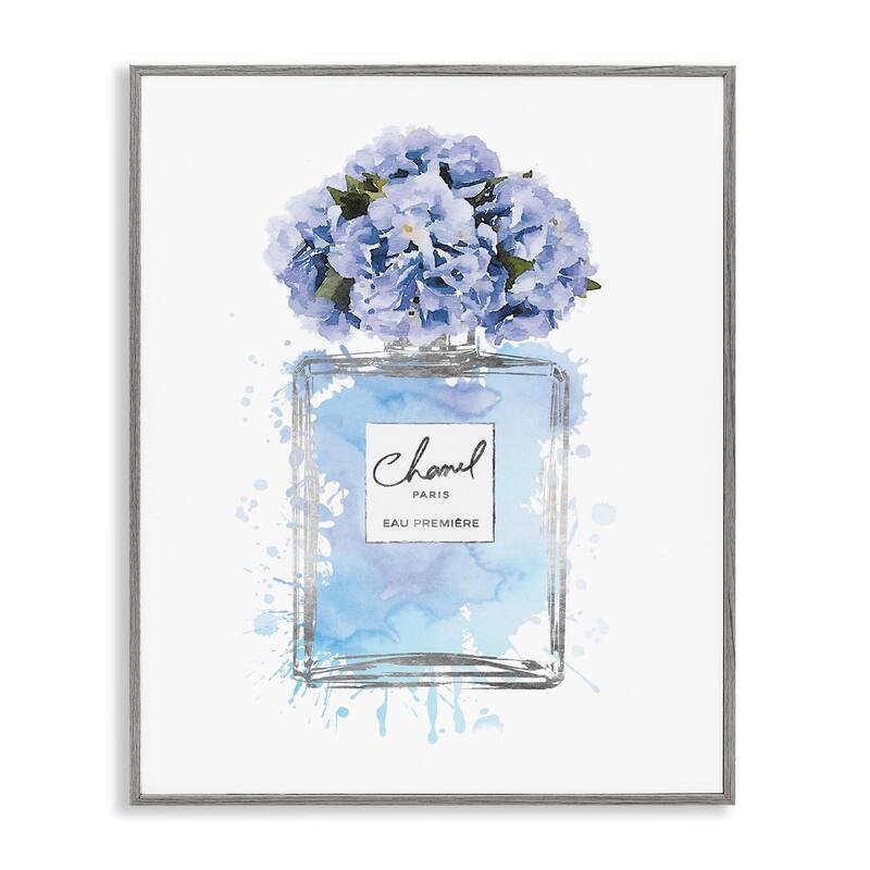 Stupell Blue Flowers Perfume Bottle Watercolor, Framed Giclee, 16 x 1.5 x 20, Made in USA - 24 x 30 - Grey