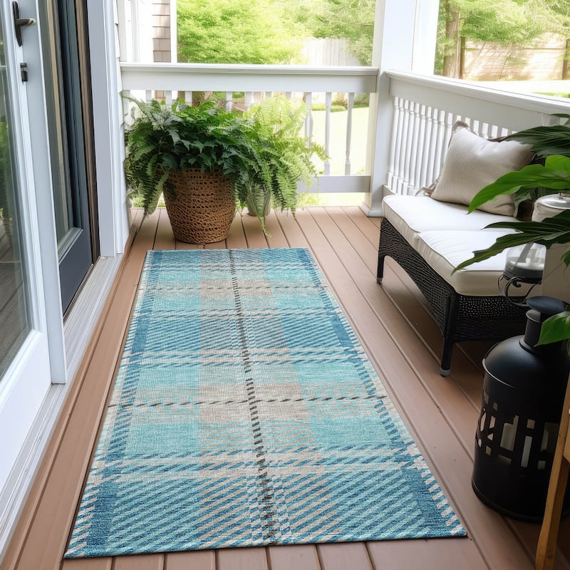 Machine Washable Indoor/ Outdoor Chantille Plaid Cozy Rug - Teal - 2'3" x 7'6"
