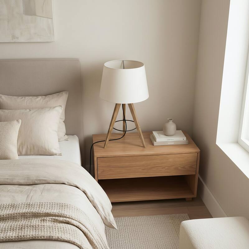 Irina Wooden Tripod Table Lamp with Trapezoid Linen Shade