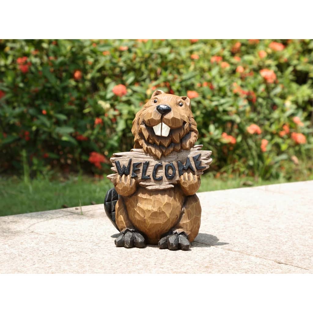 Beaver Holding A Welcome Sign Outdoor Statue - 11.75" - Brown