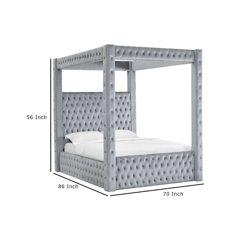 Beli Queen Size Canopy Bed, Tufted Design, Gray Velvet Upholstery
