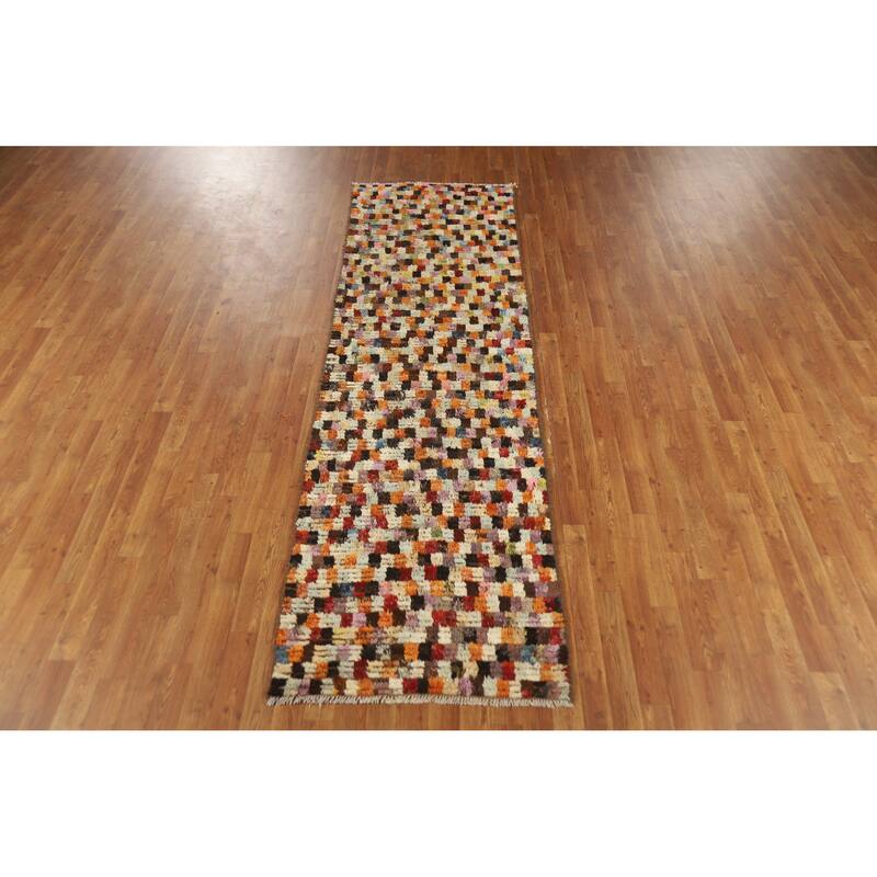 Checkered Tribal Moroccan Oriental Runner Rug Hand-Knotted Wool Carpet - 2'9" x 9'6"
