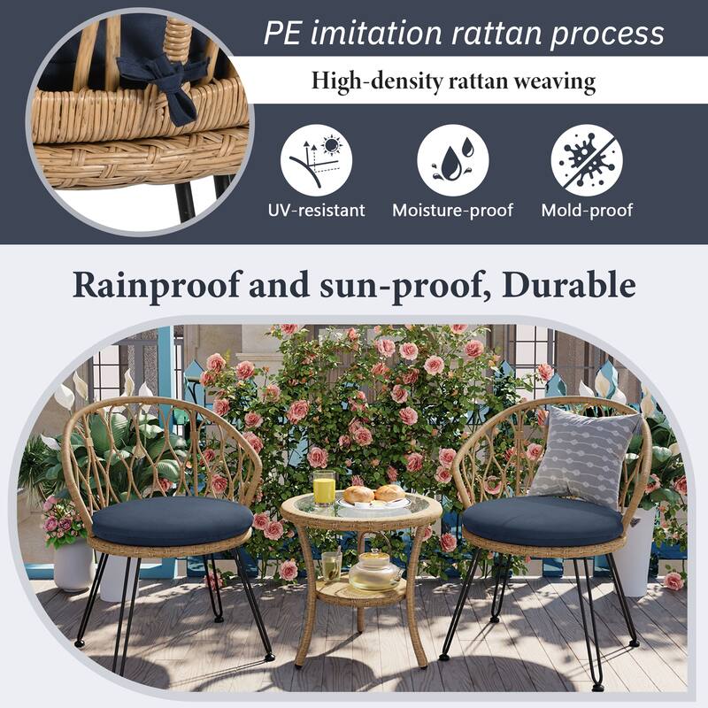 3-Piece Outdoor Patio Rattan Conversation Leisure Chairs Set with 2 Chair and Glass Coffee Table
