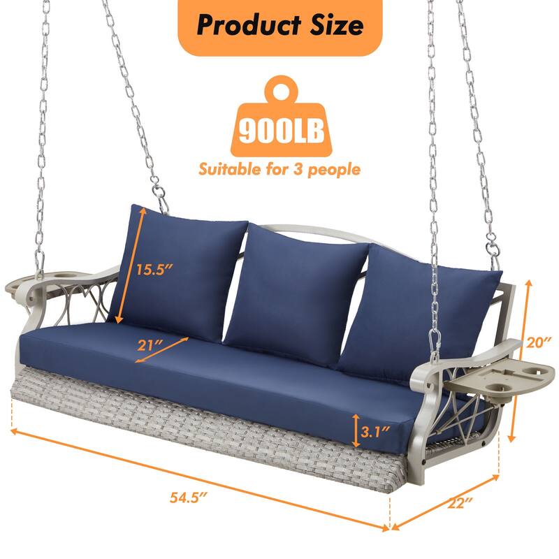 3-Person Wicker Patio Swing with Cushions & Pillows